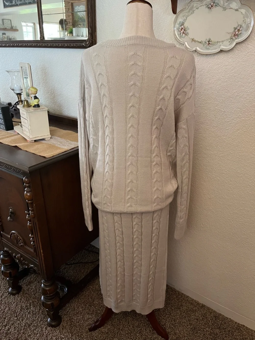 Beige Cable-Knit‎ Skirt Set - Sweater & Midi Skirt XL
